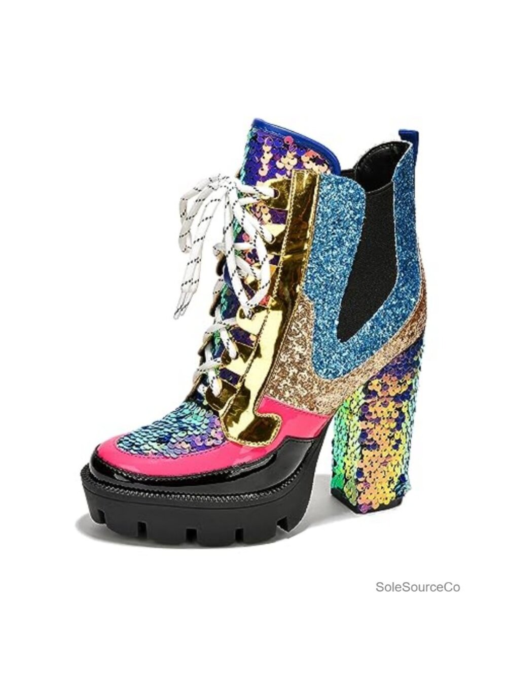 Rhinestone Cowboy Ankle Booties Pointed Toe Chunky Block Heel Lace-Up